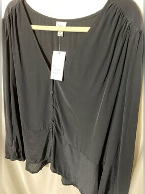 NWT A New Day Plus Size Black Button Down V-neck Blouse w/ Shoulder Pleating